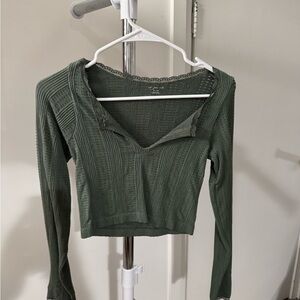 Urban Outfitters Olive Ribbed Long Sleeve Blouse